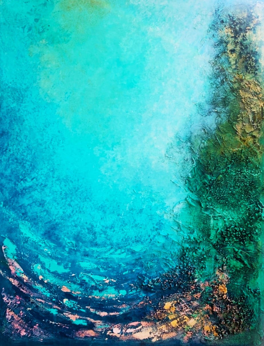 Obra abstracta Baru en tonos turquesa.