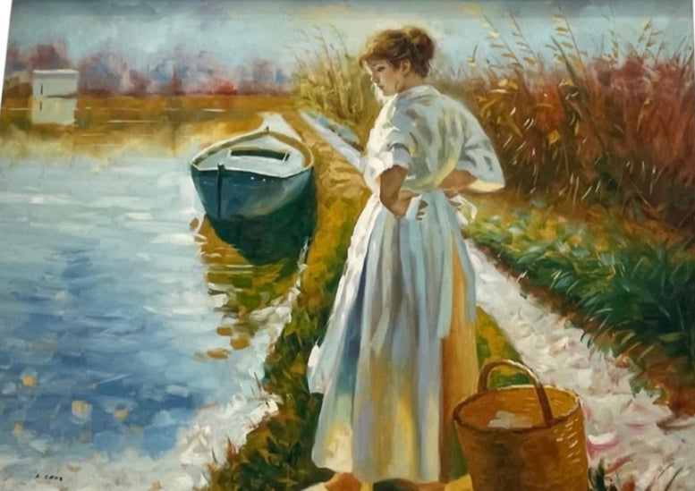 Óleo sobre lienzo– Mujer a Orillas del Río: Silencio, Agua y Contemplación