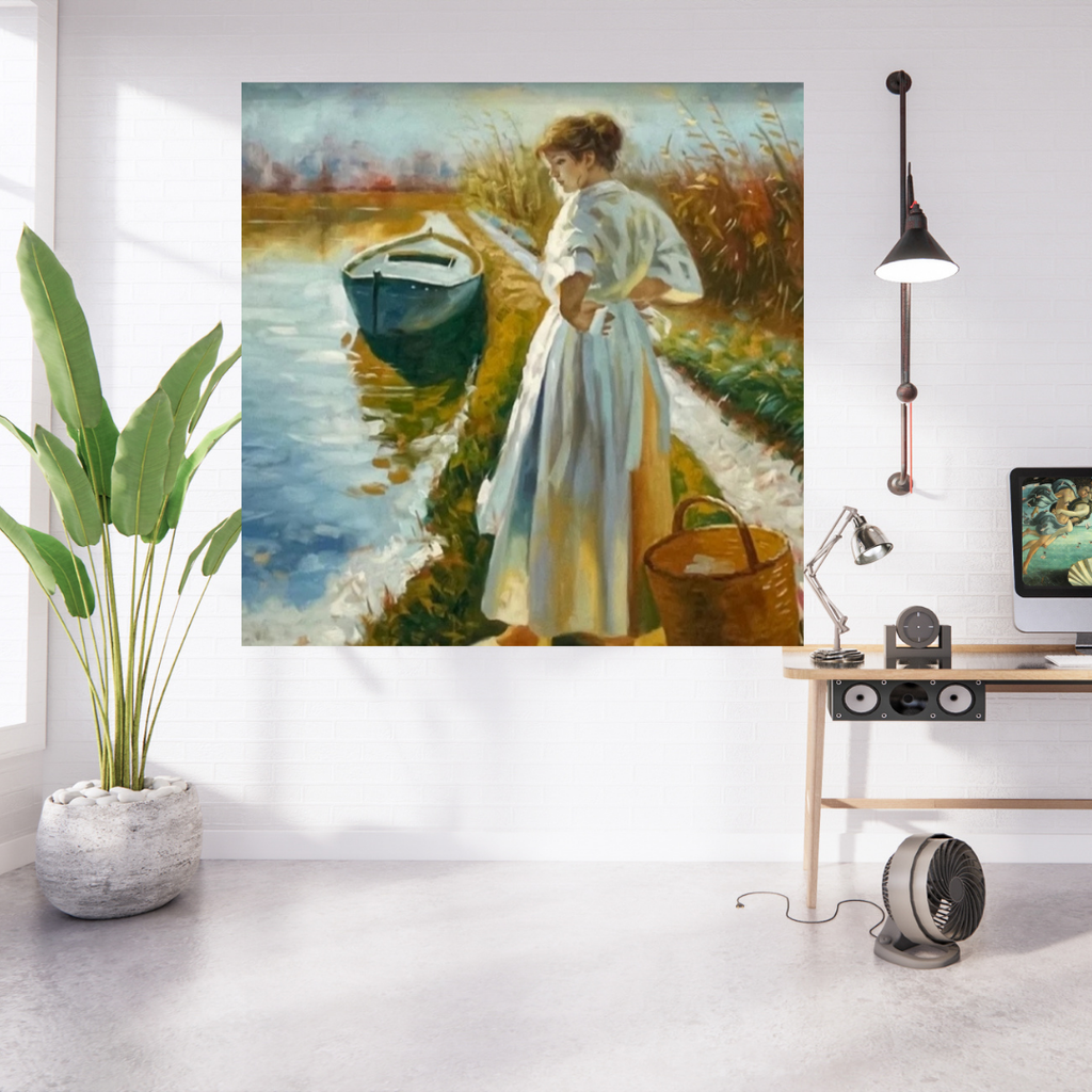 Óleo sobre lienzo– Mujer a Orillas del Río: Silencio, Agua y Contemplación