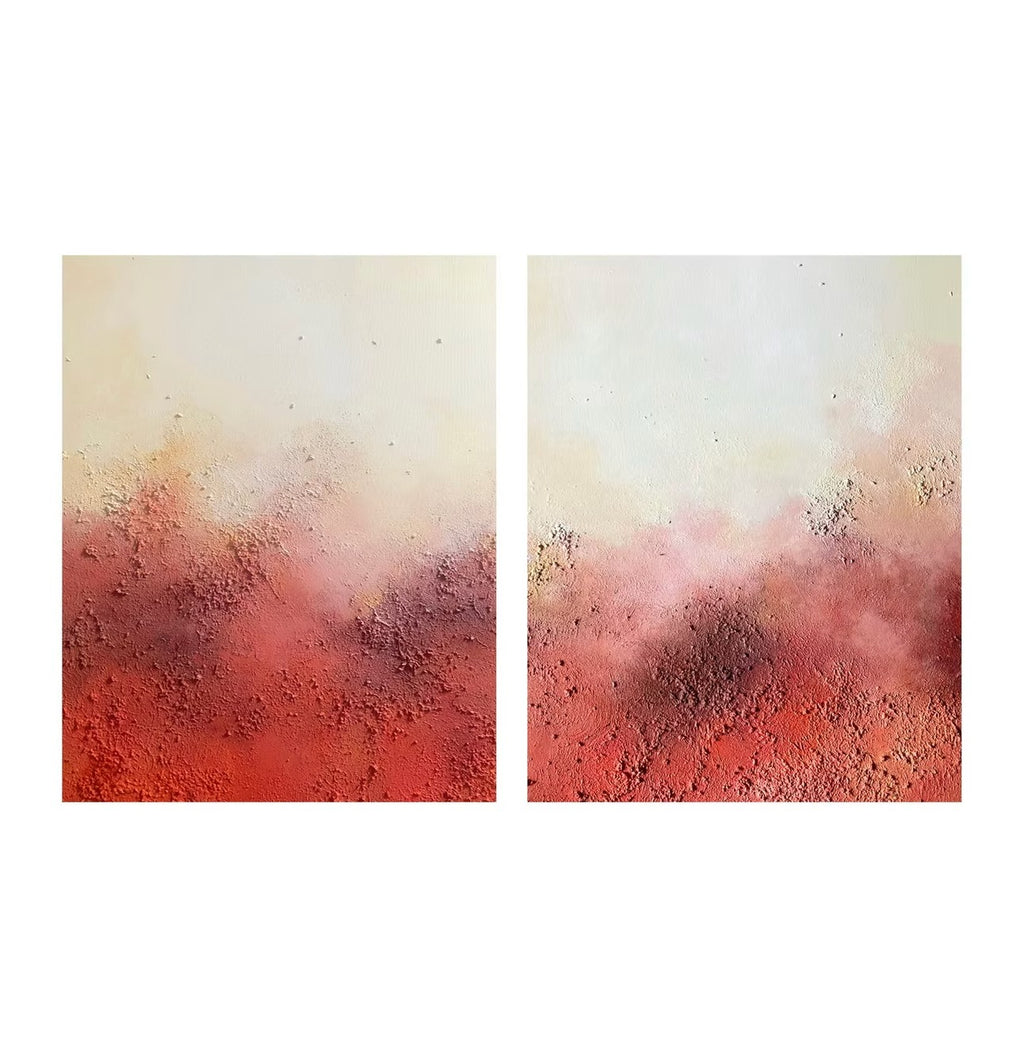 Obra abstracta textura decorativos en tonos tierra y coral.