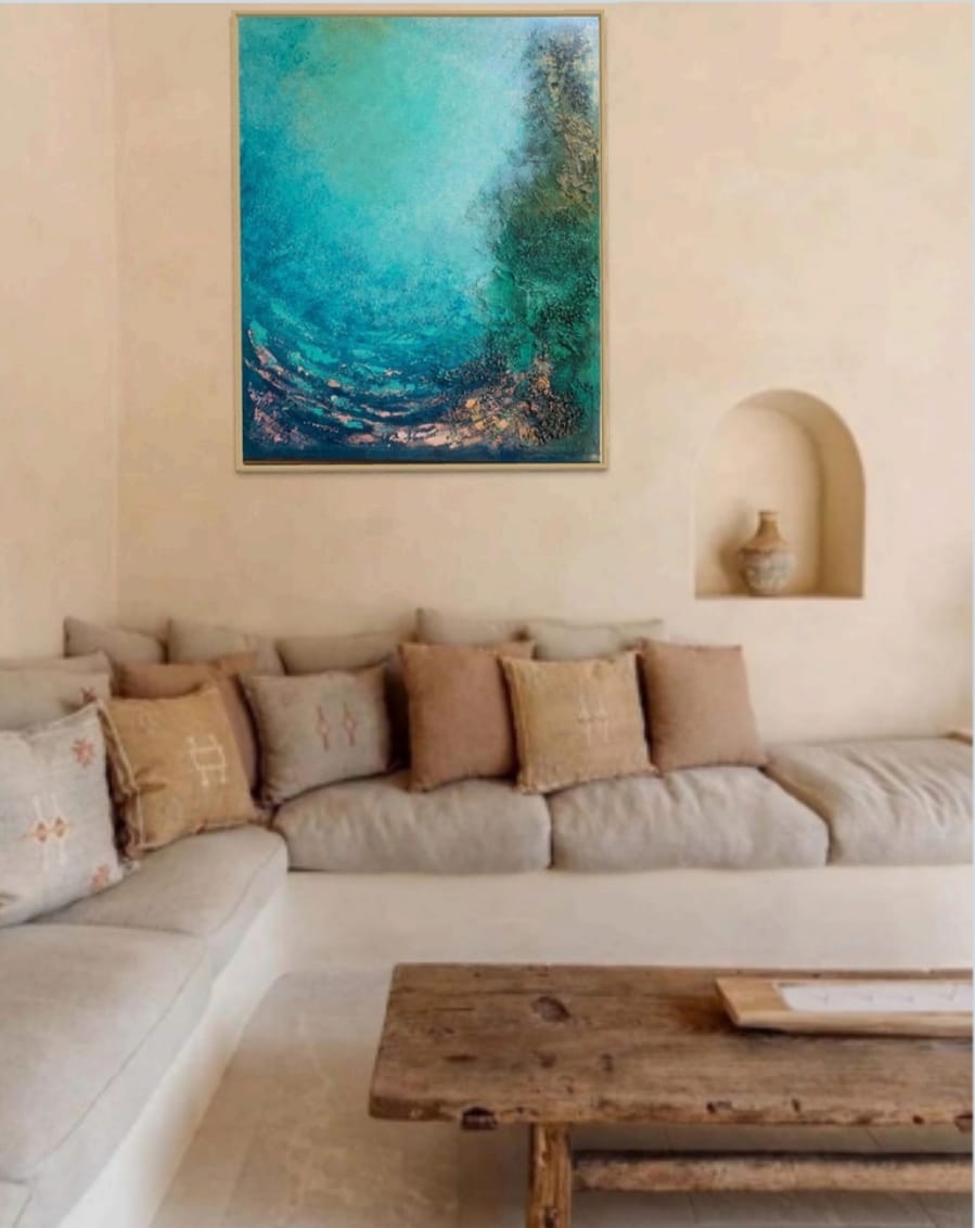 Obra abstracta Baru en tonos turquesa.