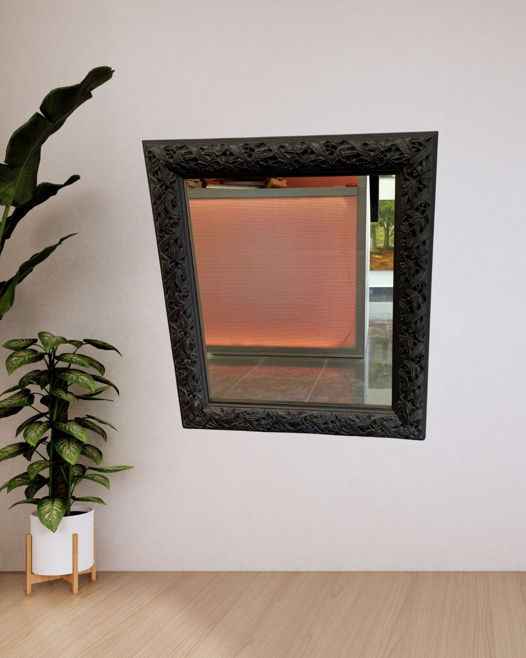 Espejo con Marco Negro restaurado y Relieve de Hojas – Sofisticación Natural y Modernidad