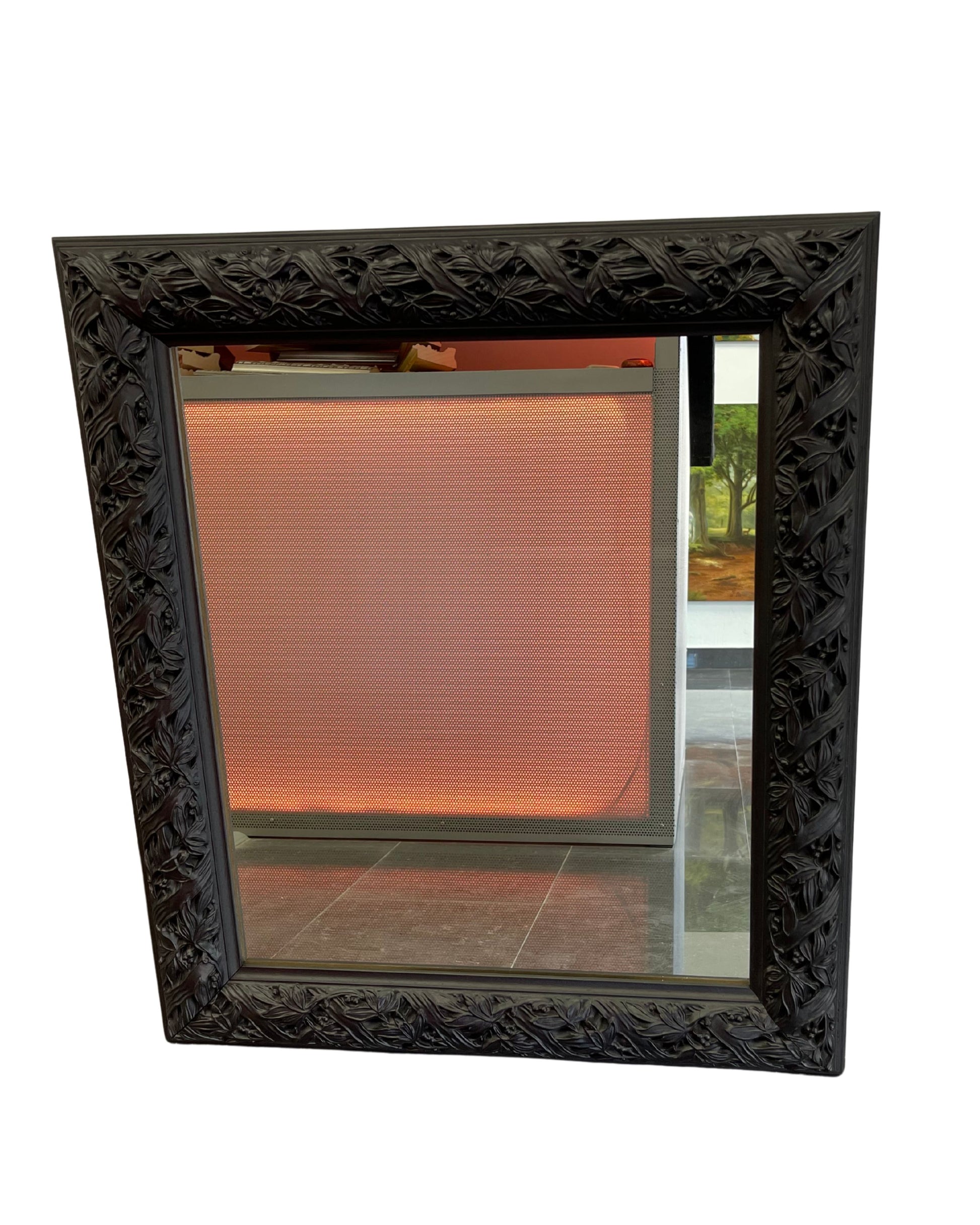 Espejo con Marco Negro restaurado y Relieve de Hojas – Sofisticación Natural y Modernidad
