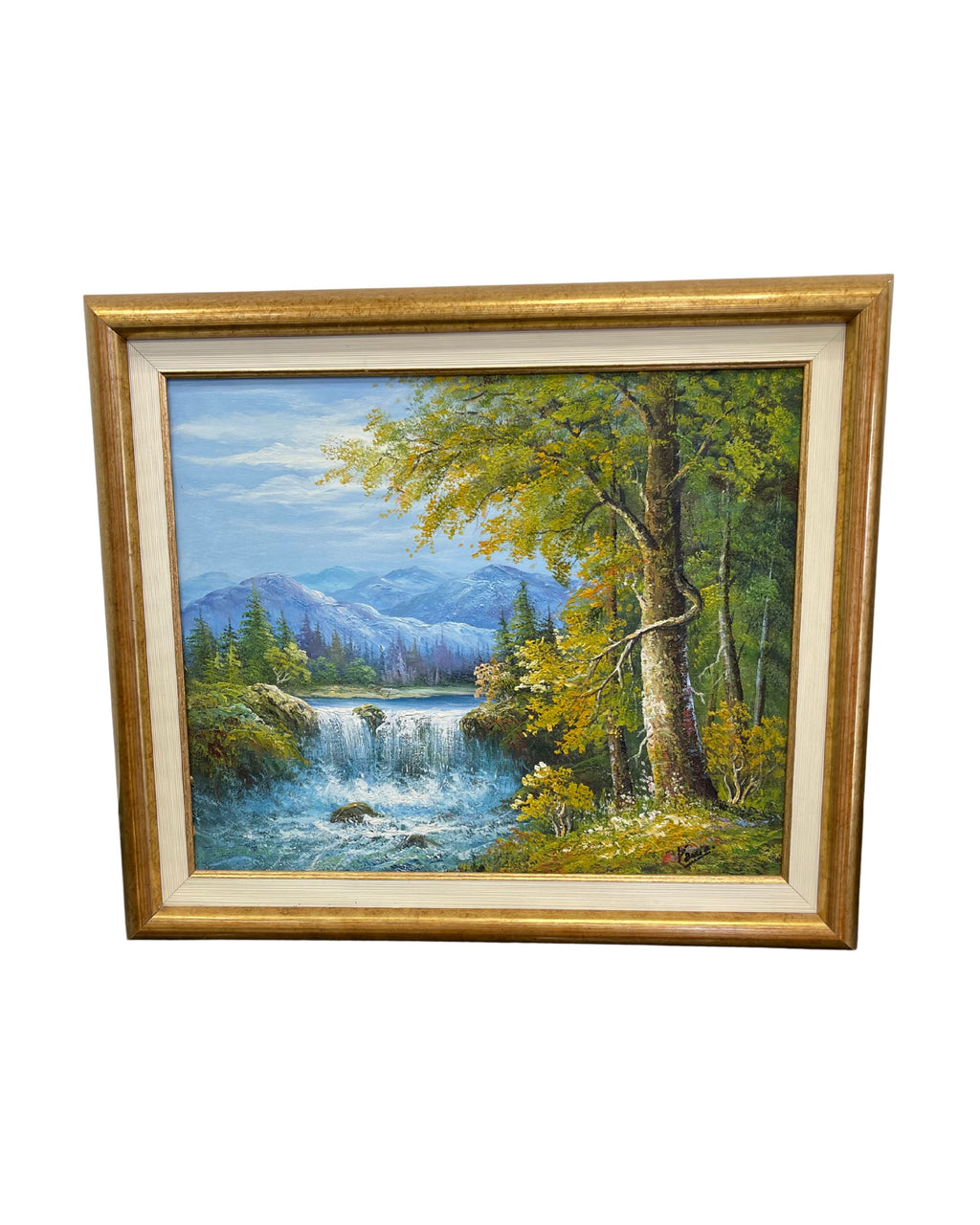 Cuadro enmarcado con pintura de bosque, río y cascada – Naturaleza en movimiento y serenidad