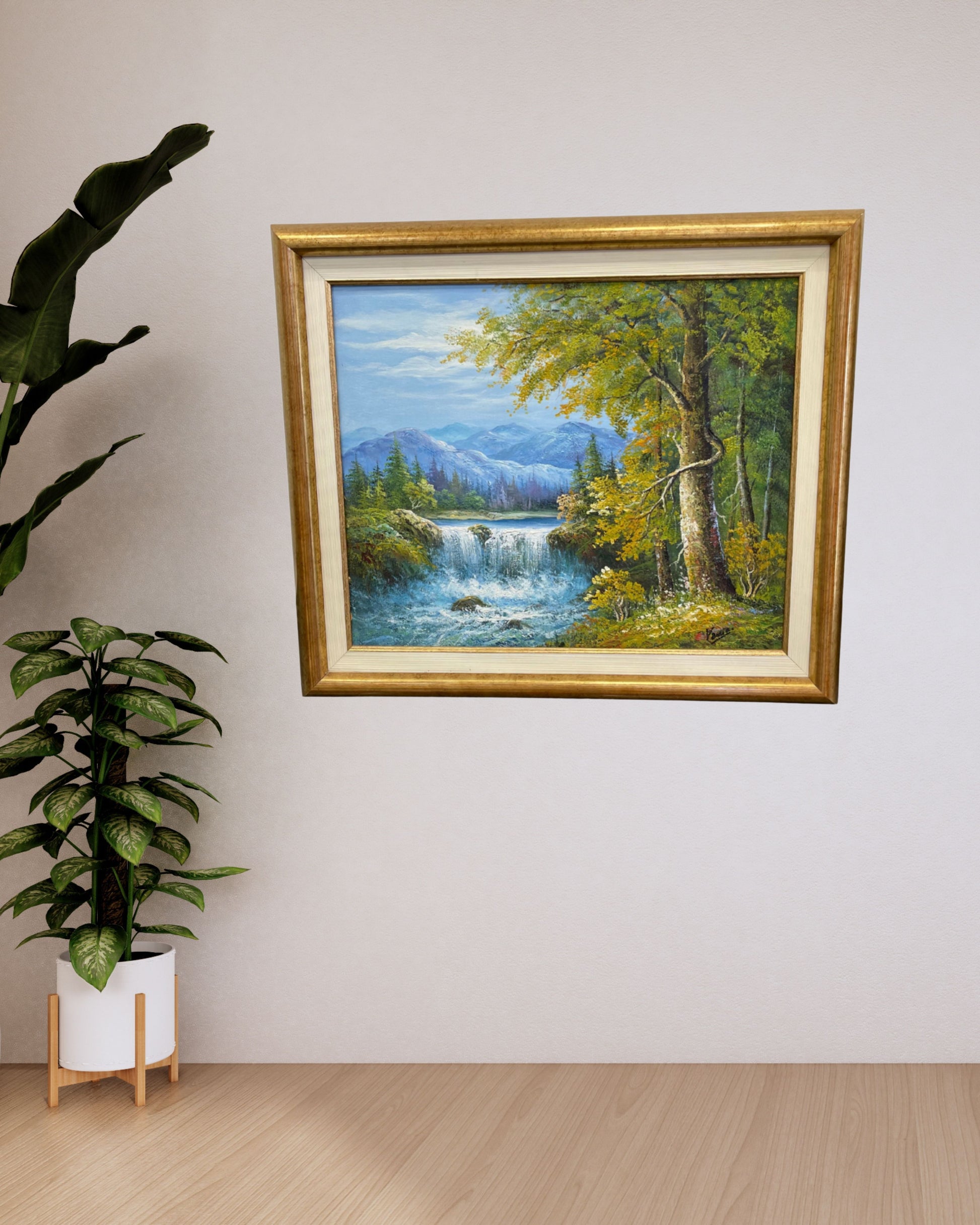 Cuadro enmarcado con pintura de bosque, río y cascada – Naturaleza en movimiento y serenidad