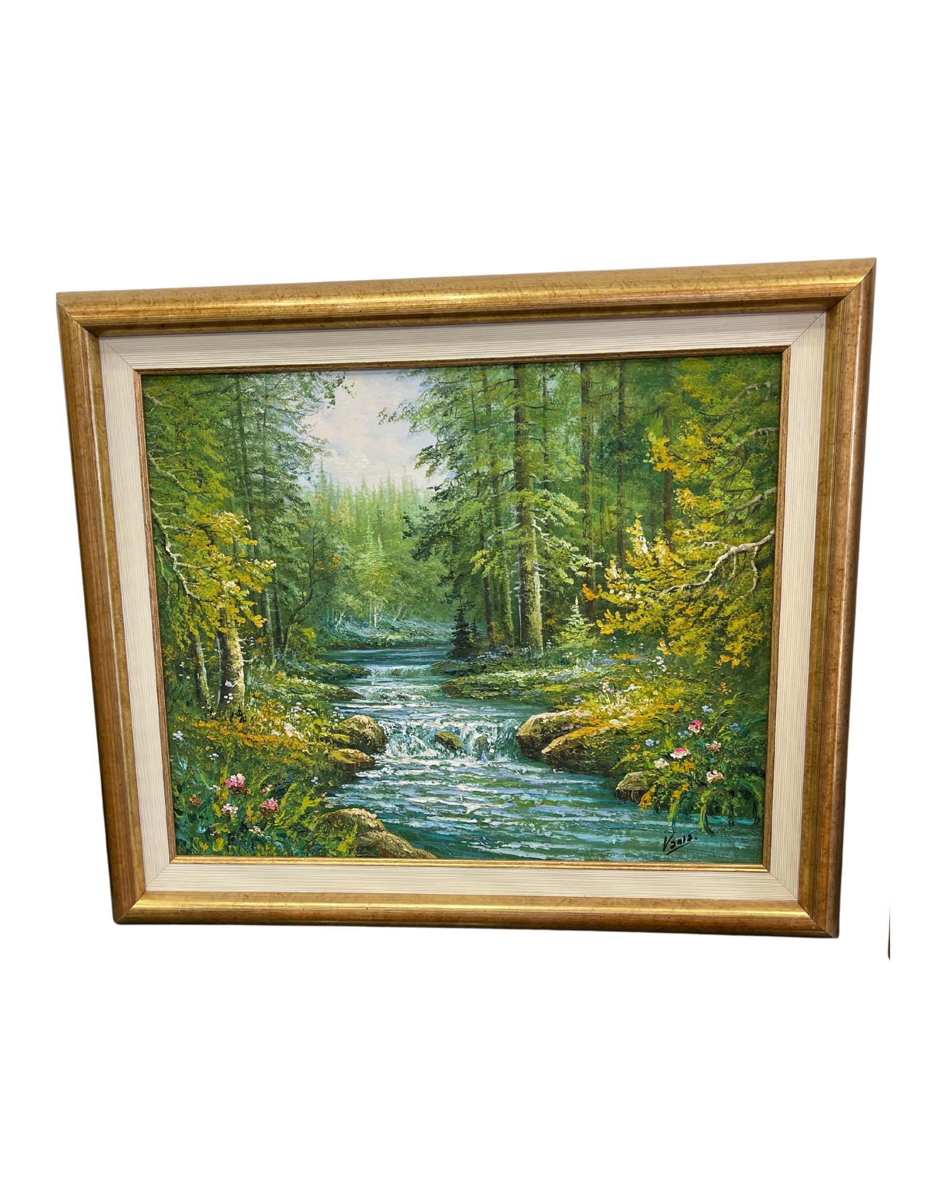 Cuadro enmarcado con pintura de bosque y río – Naturaleza en calma y armonía