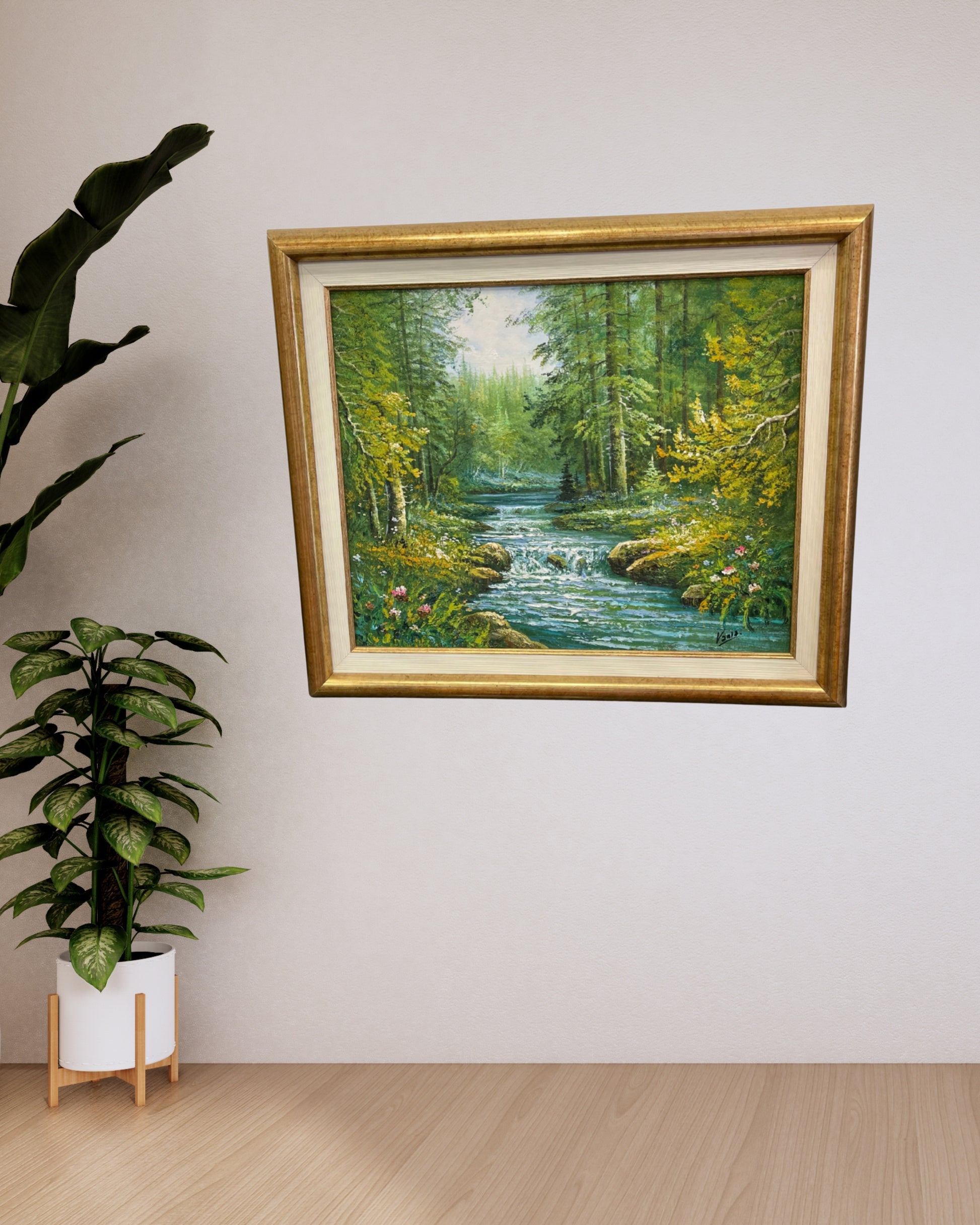 Cuadro enmarcado con pintura de bosque y río – Naturaleza en calma y armonía